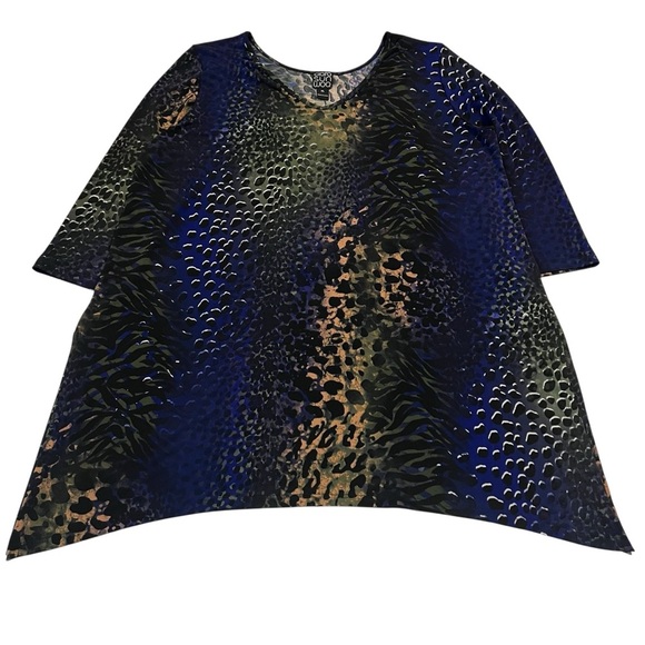 Clara Sunwoo XL Asymmetrical Tunic Top Blue Animal Print Stretch Made in USA - Picture 1 of 5